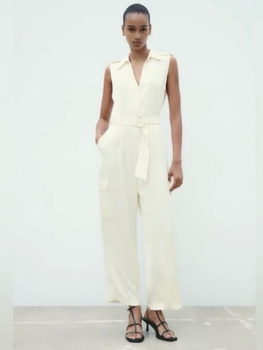 Zara Cream Sleeveless Utility Jumpsuit with Belt
